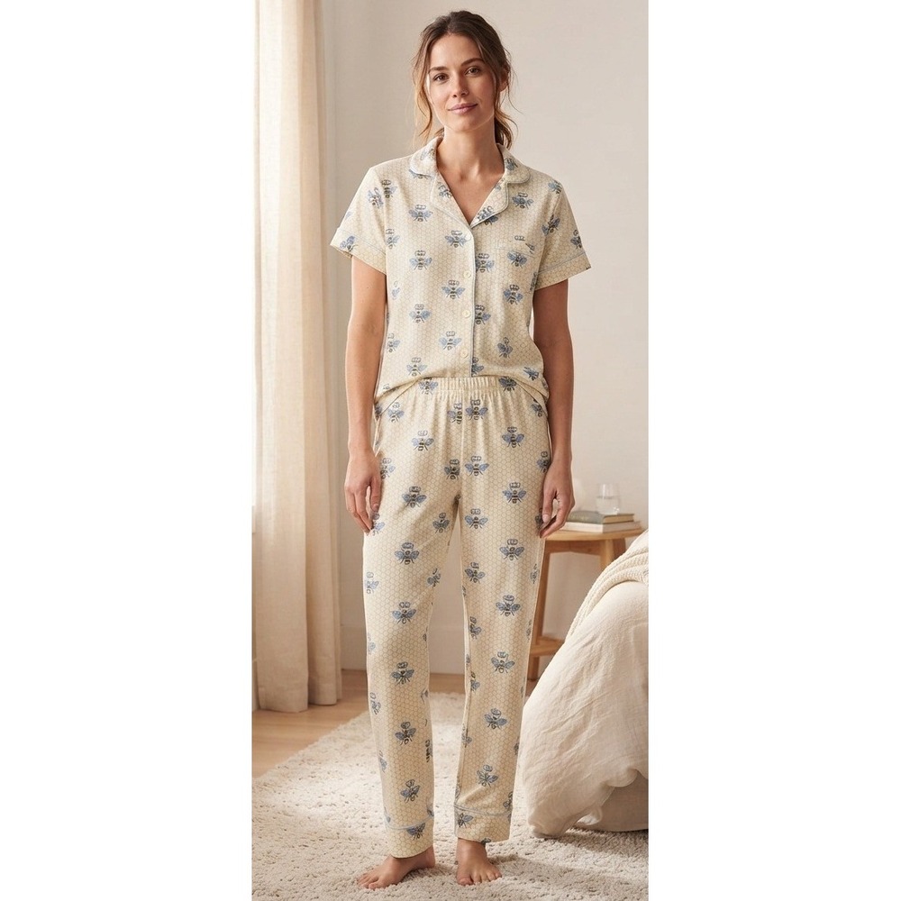 The Cat's Pajamas Women's XL Pajama Set Queen Bee Cream Cotton Stretch Relaxed